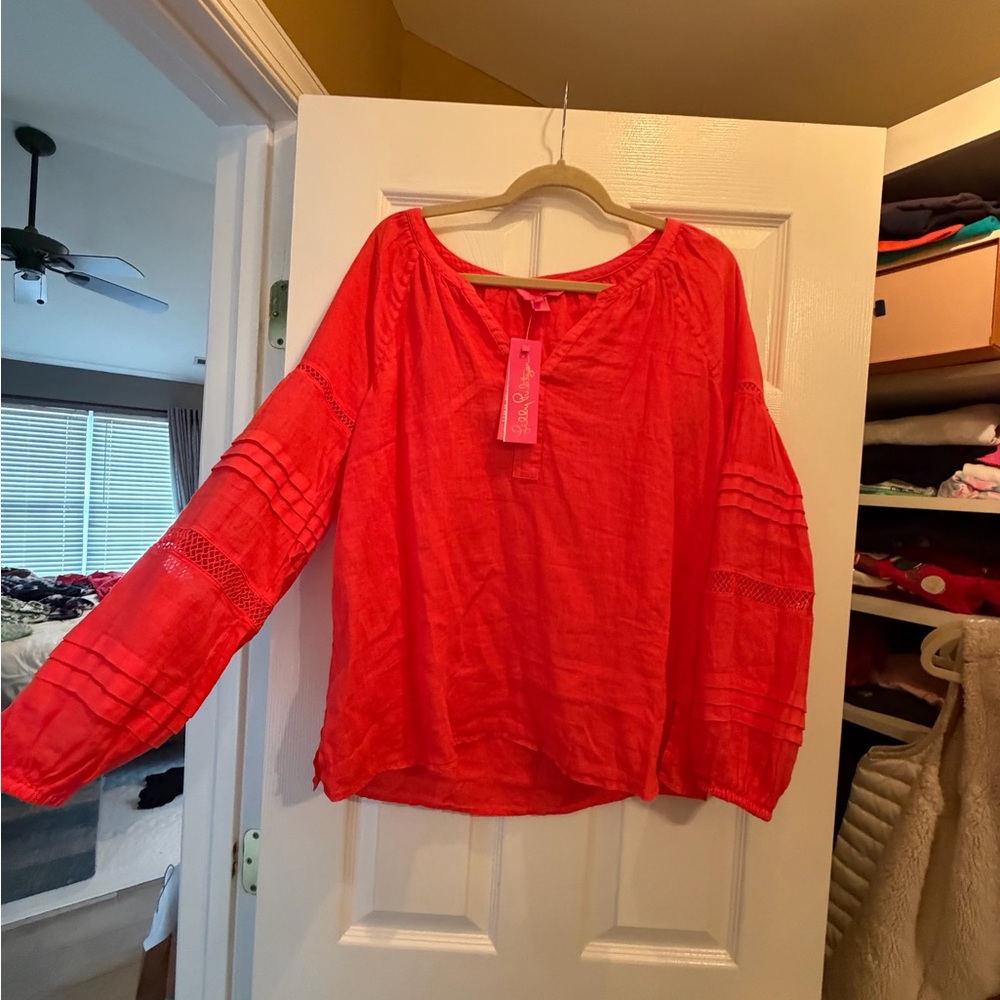 Lilly Pulitzer Coral-Red Lightweight Peasant Blouse